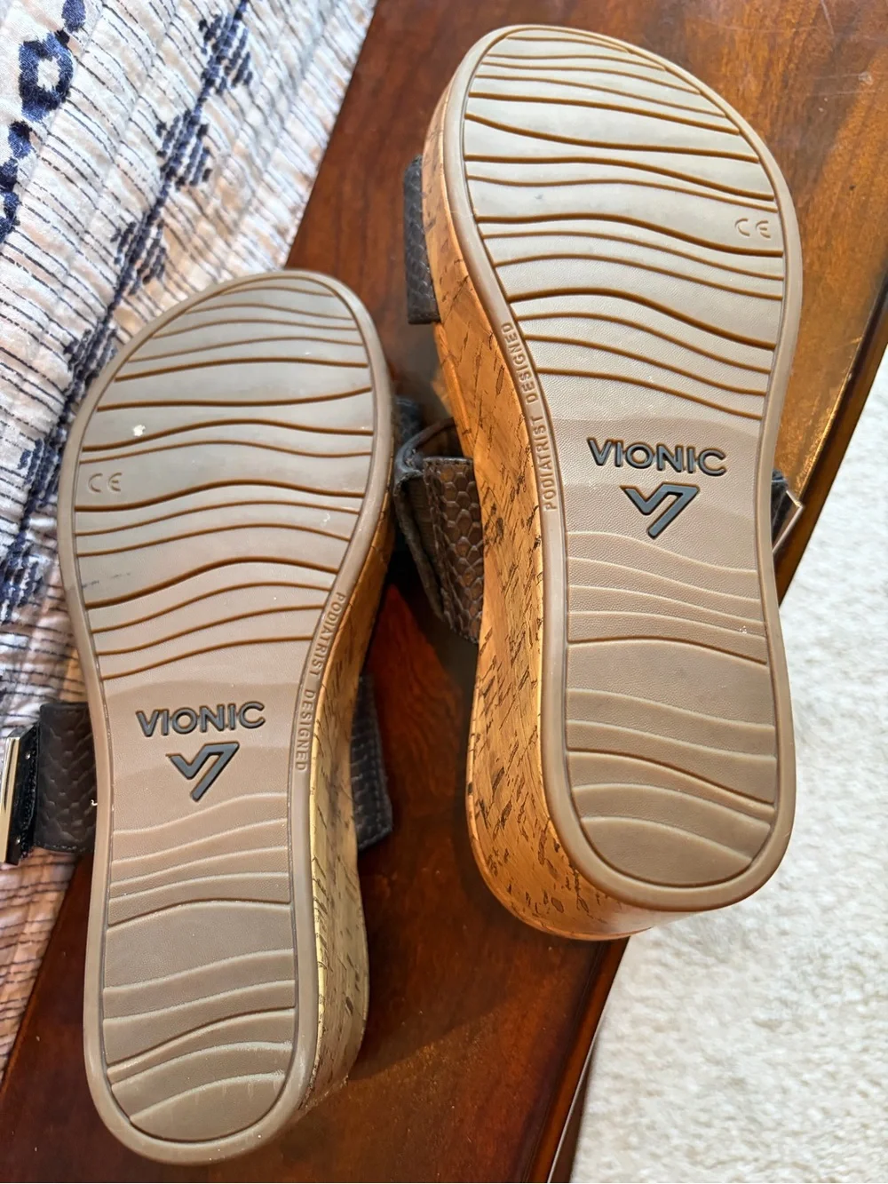 Vionic Black Textured Double-Strap Cork Wedge Sandals